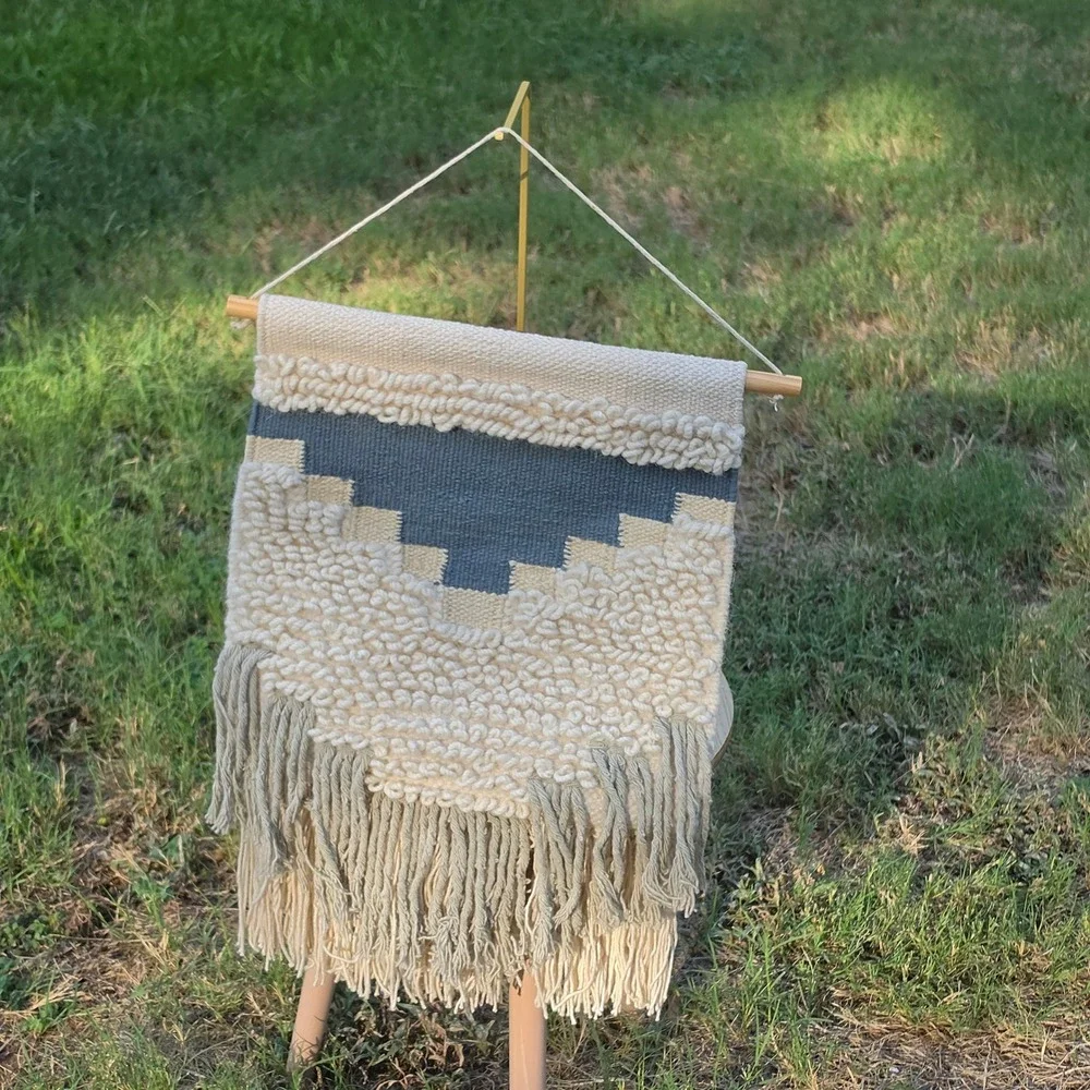 Woven Cotton Wool Wall Hanging Blue Cream Geometric Boho Fringe Decor RN 117103